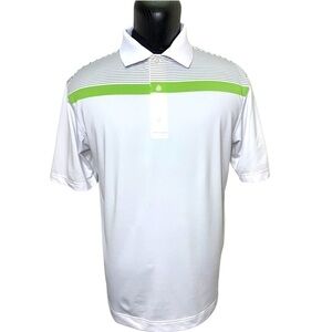 Footjoy Golf White Stripes Green Polo Shirt 1/4 Buttons Active Short Sleeve Sz L